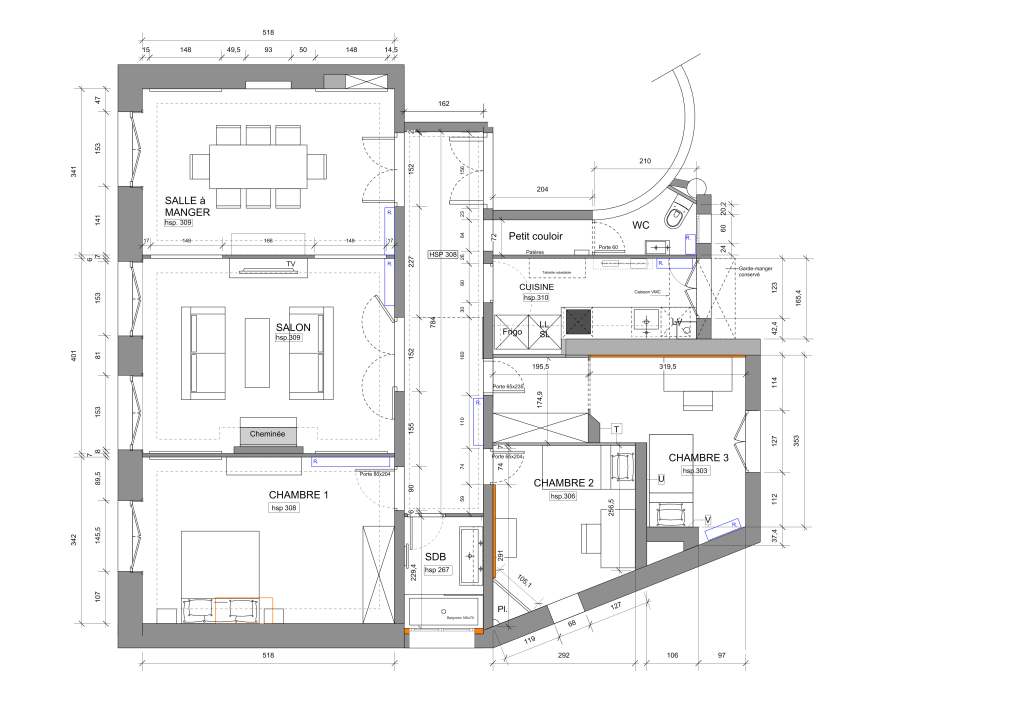 Plan d'un appartement haussmannien intégralement rénové à Paris 16.