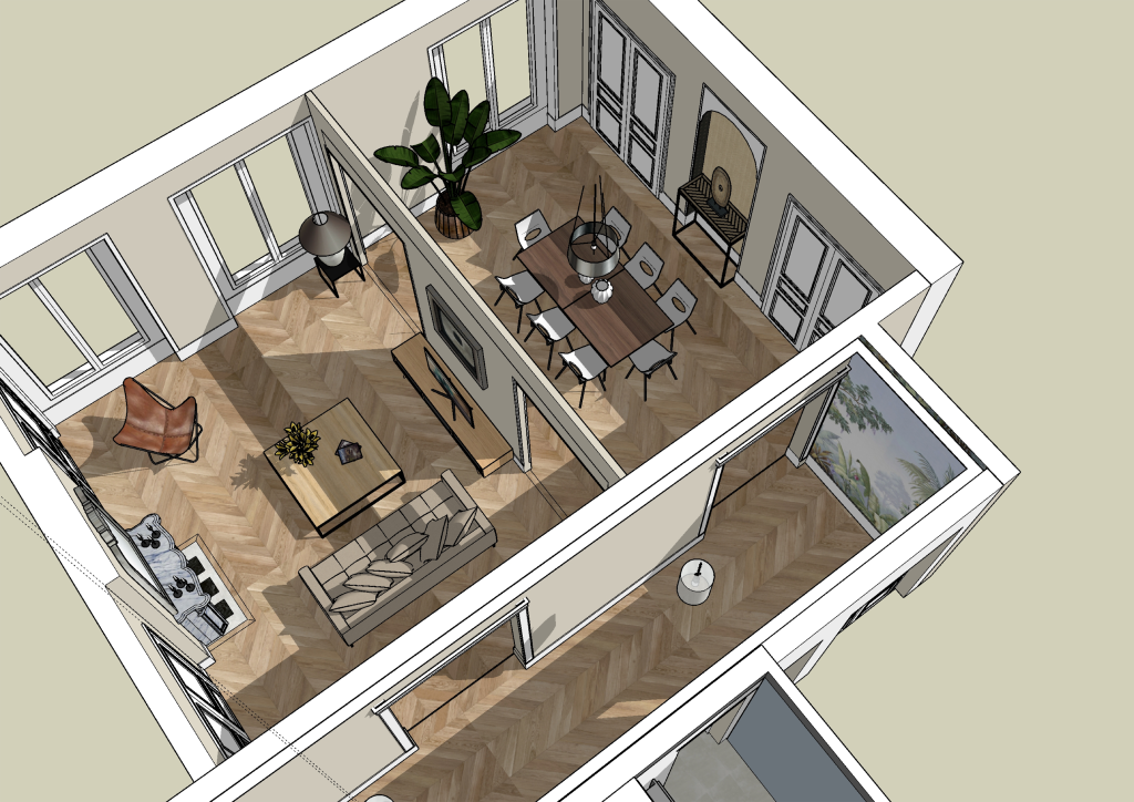 Vue 3D d'un appartement haussmannien intégralement rénové à Paris 16.